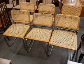 A set of six Italian chrome, beech and rattan cantilever chairs, manner of Marcel Breuer