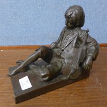After Leon Tharel (Swiss), bronze figure of a recumbent violinist, 19.5cms