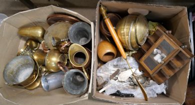 Two boxes of metalware including copper, brass and silver plated cutlery and items of treen