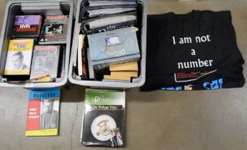 A collection of Dangerman and The Prisoner books, magazines and DVDs and three The Prisoner T-shirts