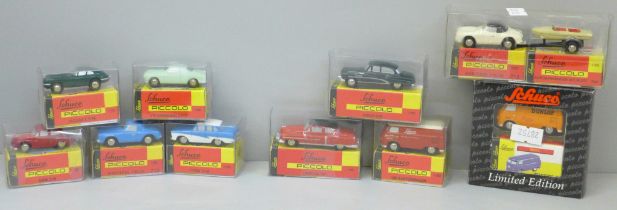 Ten Schuco Piccolo model vehicles, packaged