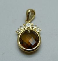 A 9ct gold, Cognac quartz and diamond pendant, 2g, with certificate