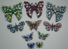 Ten Butler & Wilson rhinestone/crystal butterfly brooches, three large, three smaller and four small