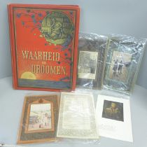 One volume; Waarheid en Droomen, 1885 and four Belgian booklets, end of WWI period with prints of