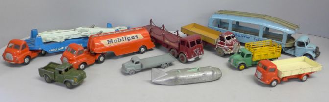 Three Corgi Toys and seven Dinky Toys cars; Mobilgas Truck, Dinky Toys Delivery Service, Dodge, Army