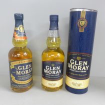 Two bottles of Glen Moray Scotch Whisky, one bottle labelled Single Speyside Malt, mellowed in