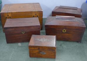 Three Georgian tea caddies, wooden box and an inlaid wooden work box