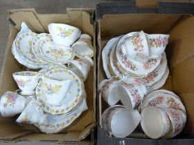 Two boxes of china including Foley, five trios, milk jug, sugar, cake plate, side plate and a