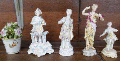 Four small continental porcelain figurines and a Dresden bucket with flowers ornament