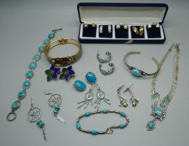 A selection of silver and turquoise jewellery including a bracelet, earrings, a pair of silver and
