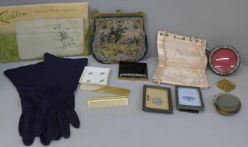 An Art Deco compact, an evening bag, a pair of evening gloves, a silver photograph frame, two