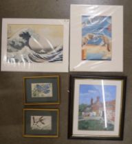 Two Japanese prints, two silk embroidered prints including a Blue Jay and Mallards and framed