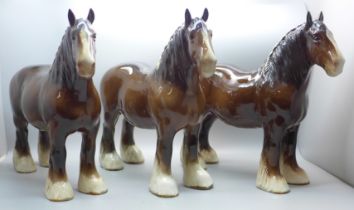 Three Beswick Shire horses