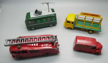 Four Dinky Toys vehicles, 968 BBC Broadcast vehicle, Dunlop Trogen, Fire Engine and Simca