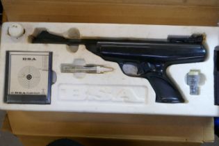 A BSA Scorpion target shooting .22 air pistol, boxed with oil, target and pellets