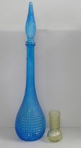 Two pieces of Empoli glass; blue bottle vase and small clear glass vase