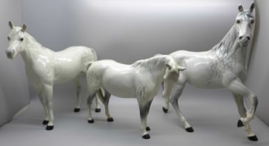 Three Beswick dappled grey horses, one with chip to ear