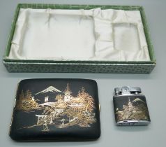 A Japanese Damascene cigarette case and lighter set, boxed