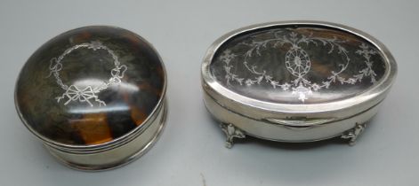 Two silver and tortoiseshell trinket boxes, a/f