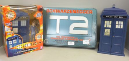 The Terminator T2 limited edition box set and two Dr. Who Tardis, one boxed