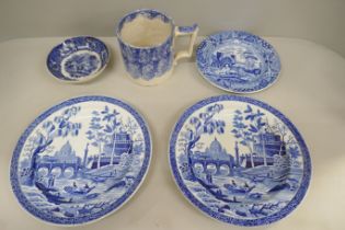 A pair of Spode blue and white plates, one other Spode blue and white plate, a dish with Egyptian