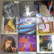 Sixteen Spoken word LP records and a cassette box set mostly comedy including Steve Martin, Woody