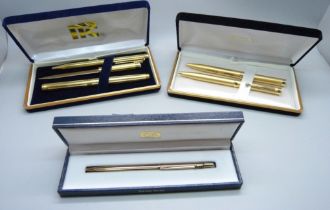 Three gold tone pens/pen sets, Caran d'ache; Class and ITC.