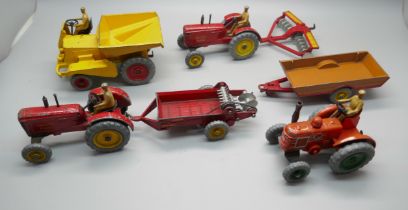Four Dinky Toys, Muir-Hill Dumper, Massey Harris Tractor and Muck Sprayer, Massey Harris Tractor and