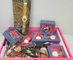 A box of mixed vintage and modern wristwatches and pocket watches including five boxed quartz pocket