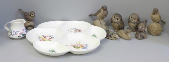 Eight Poole pottery animals; two owls, birds, mouse, etc., a large Poole hors d'oeuvres and milk