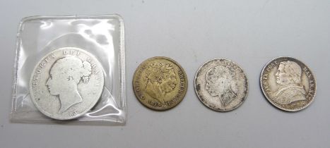 Four silver coins, one Georgian, two Victorian and one Italian 5 Lira