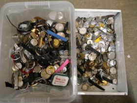 Two boxes of mixed watch and pocket watch parts, cases, dials and straps **PLEASE NOTE THIS LOT IS