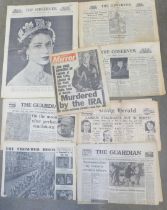 A collection of original newspapers from 1930s to 50s covering historical events; Coronation, Moon