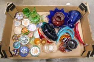 A box of mixed coloured glass; paperweights, animals, dishes and bowls **PLEASE NOTE THIS LOT IS NOT