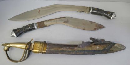 Two Indian kukri and a short sword