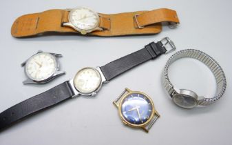 Five wristwatches, including a lady's Omega, a/f, and Oris with a blue dial