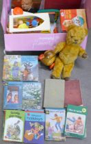 A collection of Ladybird books, children's toys, a vintage Teddy bear, Mrs Beeton's Cookery Book,