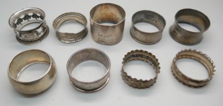Nine silver napkin rings, 116g