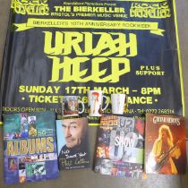 Music memorabilia; a box of music posters and books including concert poster for Uriah Heep at