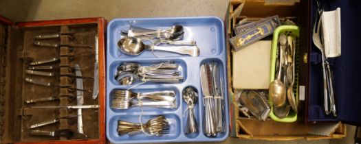 A boxed Hampton Silversmiths Korea stainless steel meat knife and fork set, a canteen of cutlery box