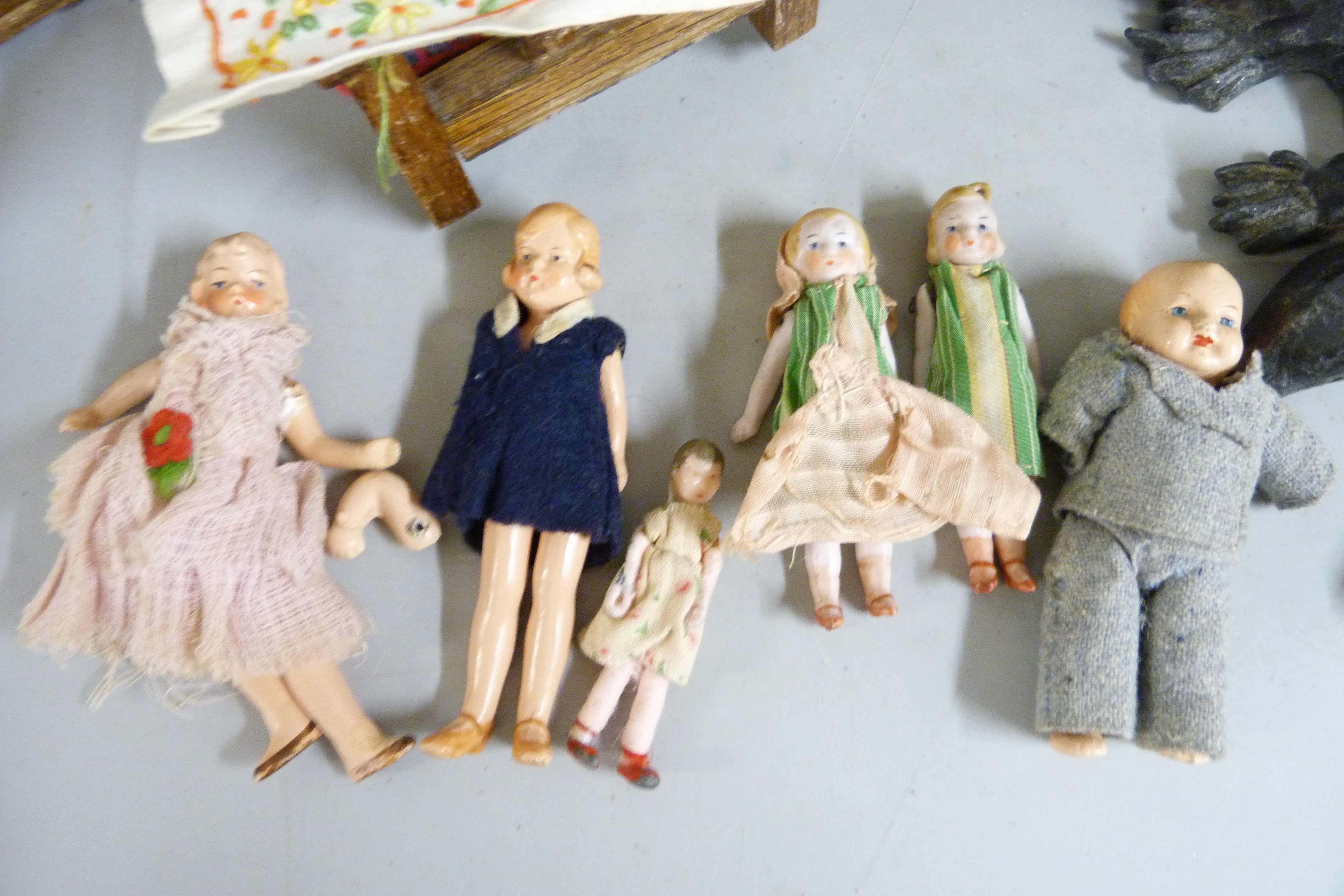 A collection of small dolls, dolls house furniture, a Swedish Brio wooden Teddy bear toy, a heavy - Image 3 of 5