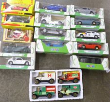 A box of die-cast model vehicles, Mobil, Shell, etc., boxed