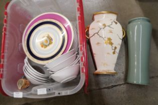 Noritake Progression bowls, commemorative plates, a miniature character jug, a celadon green vase