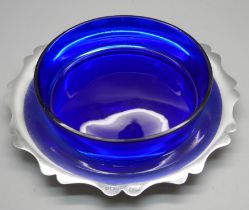 A silver butter dish base with added blue glass dish, 52g