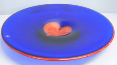 A large shallow Czech glass dish, signed A. Valner, boxed, 40cm