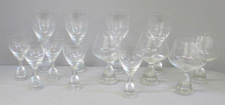 Holmgaard teardrop glasses; four brandy, four wine and six sherry