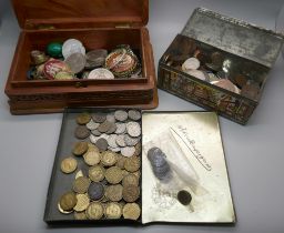 Coins including 3d and 6d, farthings and some silver 3d, also cameo brooches, medallions, coin