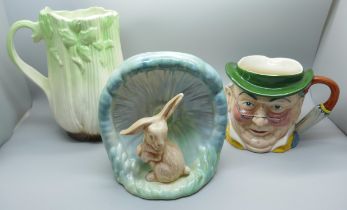 Sylvac pottery, a hare and toadstool vase, a Mr. Pickwick jug and a celery vase