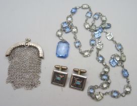 A pair of Navajo cufflinks set with turquoise, a small silver mesh purse and an Art Deco crystal