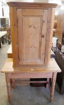 A Victorian pine pantry table and pine wall hanging corner cabinet